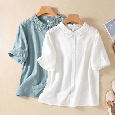 Καλοκαιρινή Λογοτεχνία Χαλαρό Μονόχρωμο Βαμβακολινό Λινό Ζακάρ Μπλουζάκι με Κοντά Μανίκια Γυναικείο Μπλουζάκι Τοπ Μπλούζες & Πουκάμισα