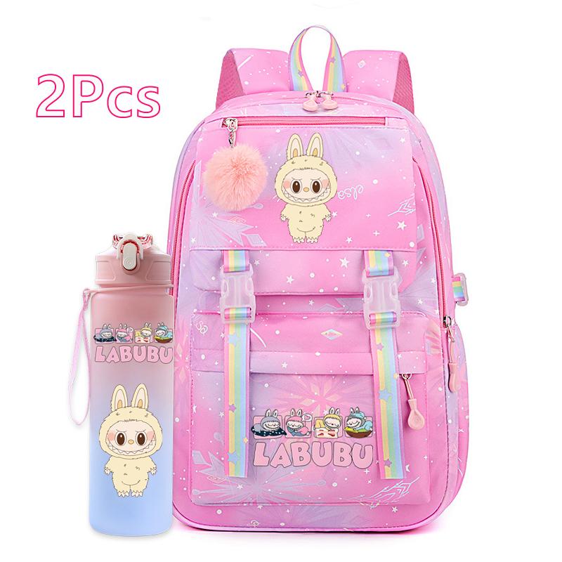 2Pcs/set Cute Printed Backpack with 750Ml Outdoor Sports Water Bottle Student Girl Boy Schoolbag Large Capacity Travel Bag Gift
