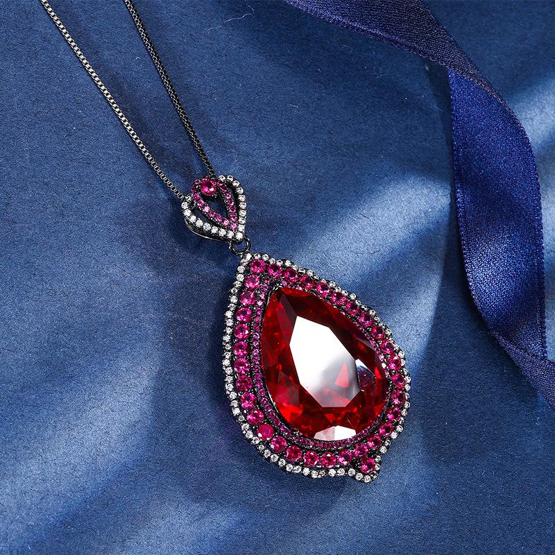 Jewelry Copper Bottom Gold-Plated Simulation Red Corundum Large Water Drop Black Gold Pendant Necklace Main Stone 18 * 25