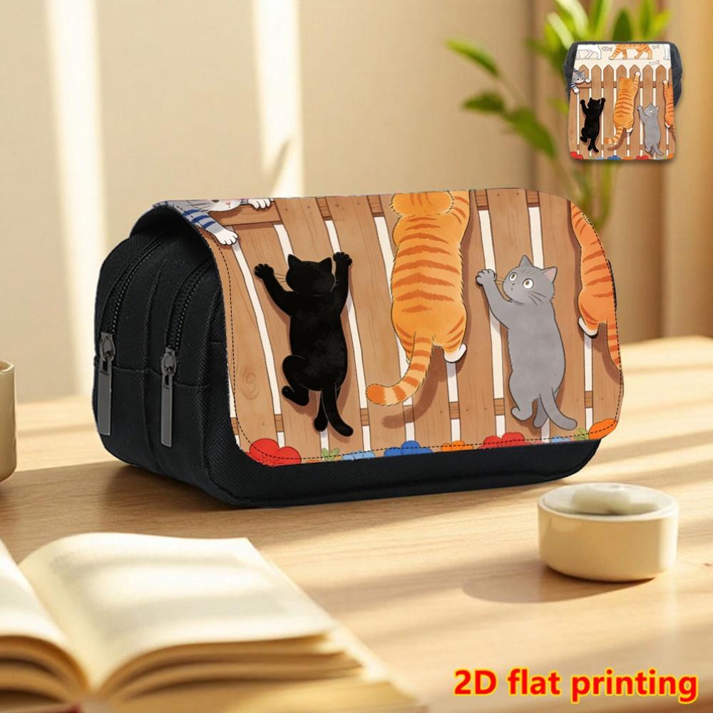 1pc Cat Climbing Board Flat Printing Double-Layer Flip Black Pencil Case - Must-Have Pencil Box for School, Daily Multifunctional Cosmetic Bag, Large-