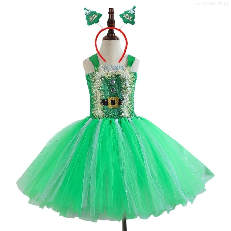 Kids Christmas Elf Costume Halloween Elf Dress Up Outfits with Dress and Christmas Hat (Or Headband) for Girl Christmas F0S4