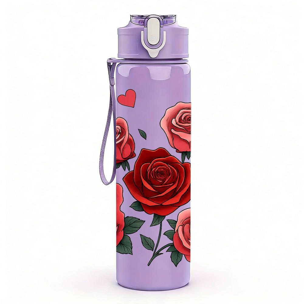 1PC Deep Red Rose Flower Bouquet Pattern 750ml Color Plastic Sports Water Bottle Leakproof Flip Straw Lid Suitable for Sports Office Home Use