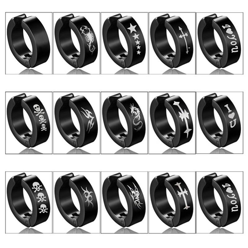 2pieces Punk Titanium Steel Ear Clip Earrings For Men Women Print Pattern Black No Pierced Fake Ear Circle New Pop Jewelry