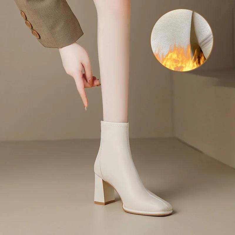 Fashion 2025 Autumn Winter Women Soft Leather Plus Velvet Heel Ankle Boots Fashion Square Toe Zipper Ladies Short Boots Botas De Mujer