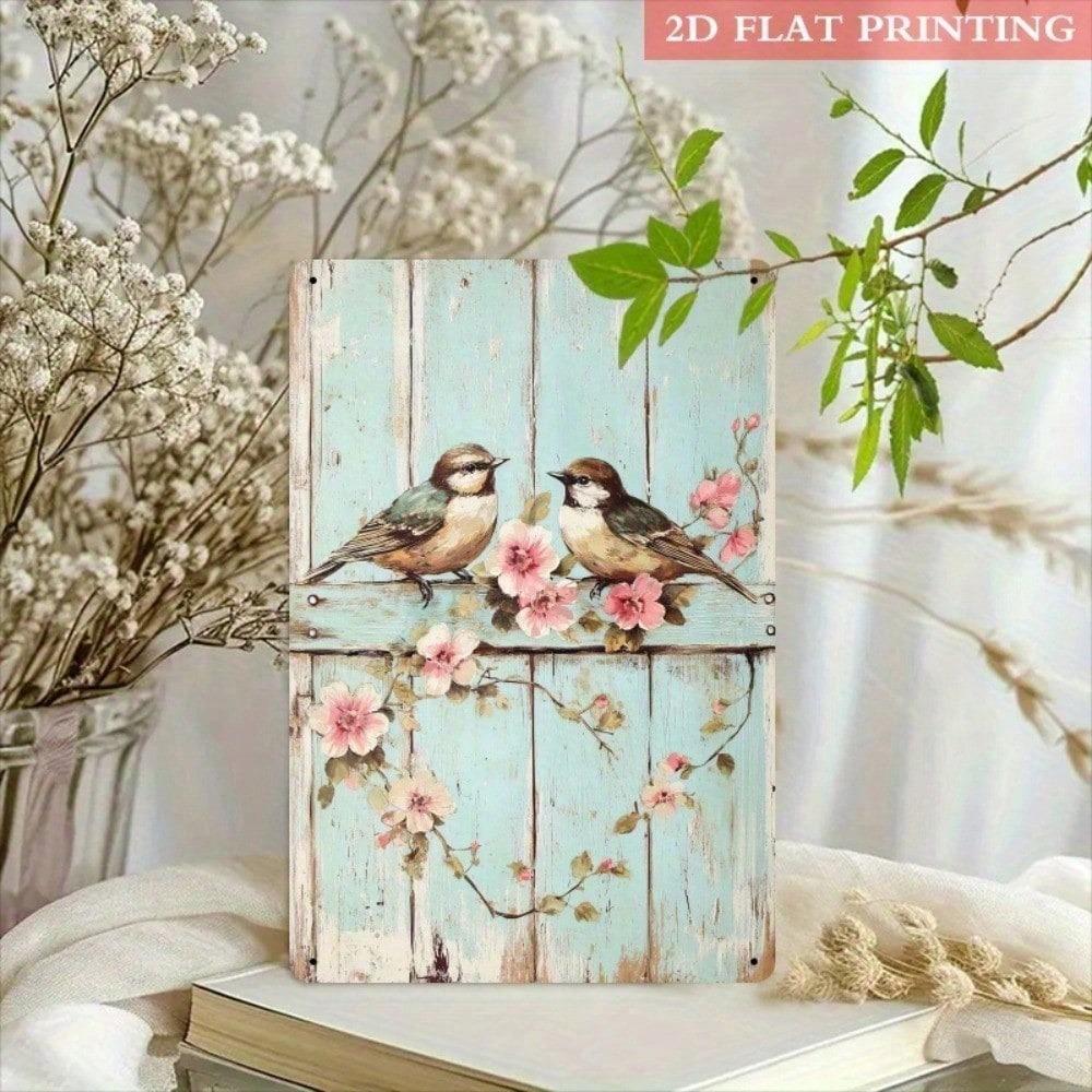 1pc 8x12 Inch Vintage Bird Flower Metal Sign Rustproof Weatherproof UV Resistant 2D Flat Unframed Decorative Plaque For Country Home Garden Wall Art