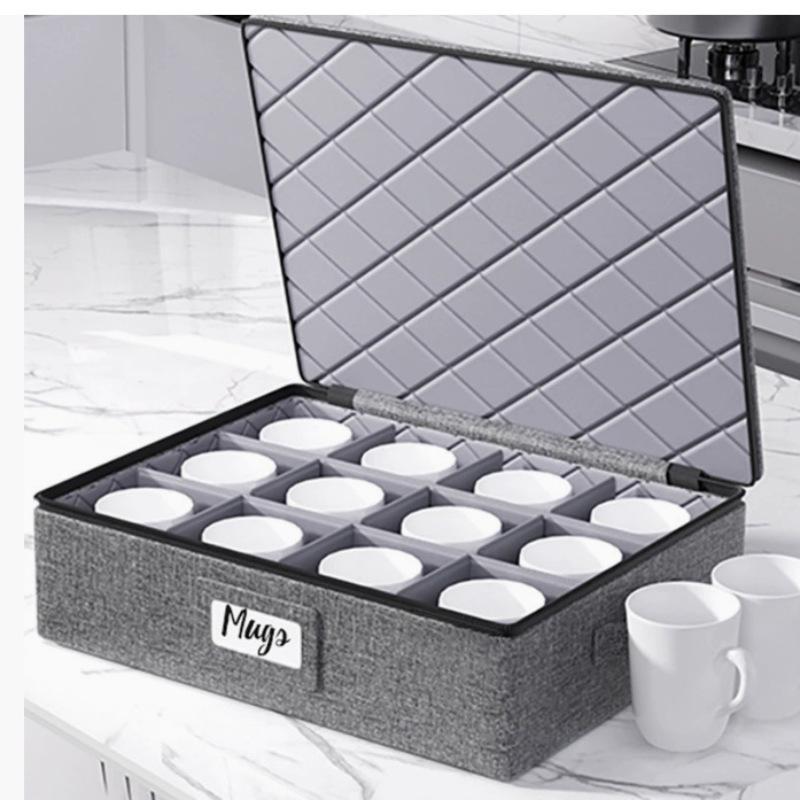 Round Dinner Plate Storage Box with Lid - Dustproof Fabric Bin with Needle-Punched Cotton