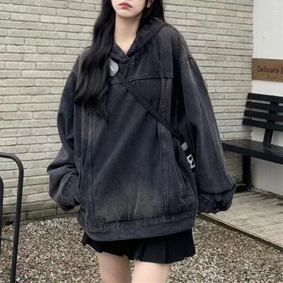 Dámská jarní a podzimní volná mikina retro džínová bunda s kapucí, ležérní svetr