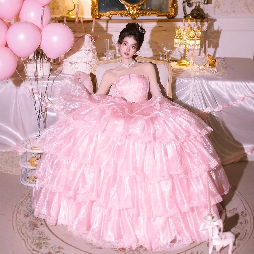 Tube Top Male Wedding Dress Dress Skirt French Retro Premium Texture Pink Lace Birthday Travel Photo Is Beautiful