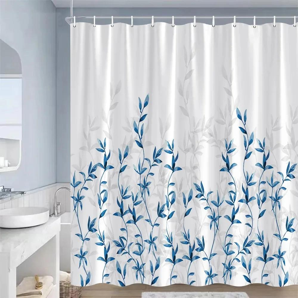 Blue Leaf Watercolor Plant Shower Curtain Modern Minimalist Home Bathroom Decorative Fabric Shower Curtain with Hook