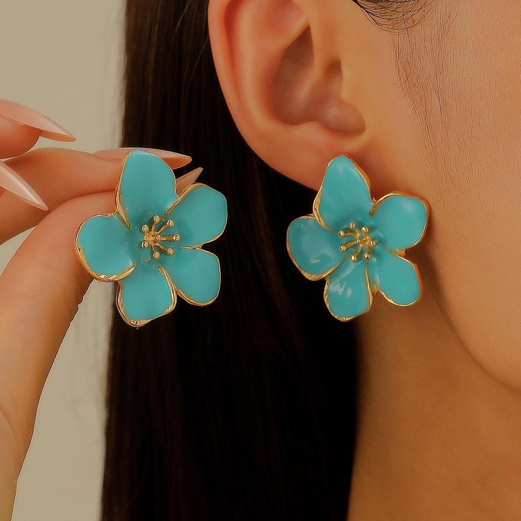 Colorful Drip Oil Flower Stud Earrings - Simple Double-Layer Petal Design for Women, Perfect for Spring and Summer