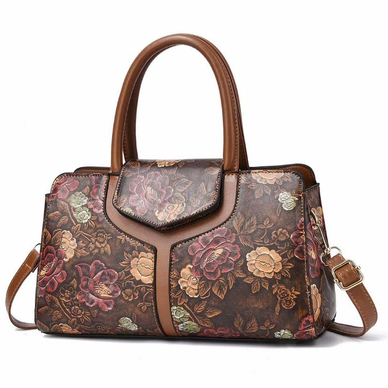 Shoulder Tote Bag for Women Retro Flower Pattern Satchel PU Crossbody Handbag
