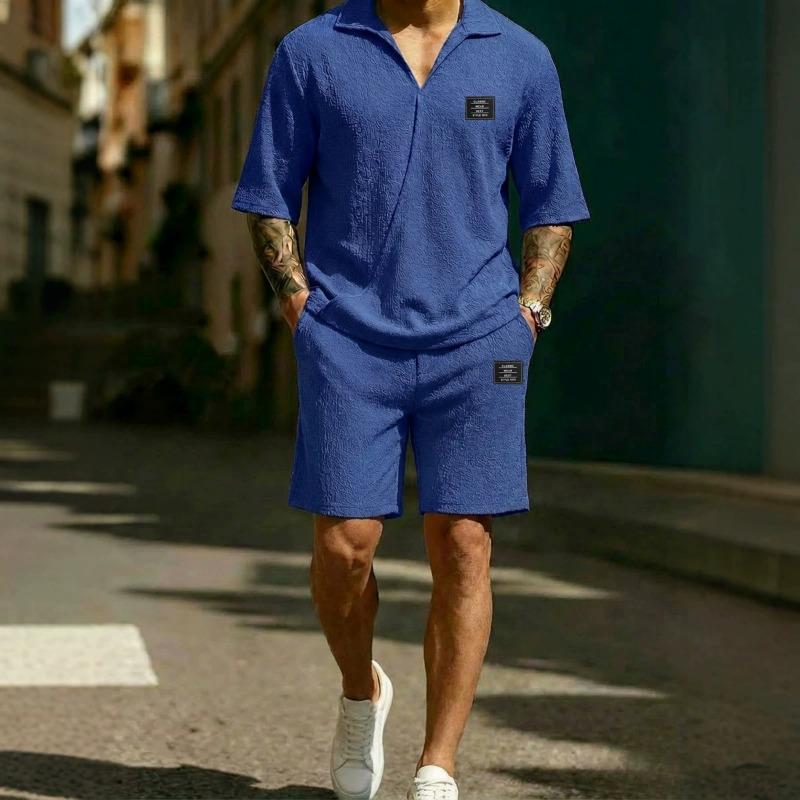 Mens Light Blue Terry Cloth Polo Shirt and Shorts 2-Piece Set