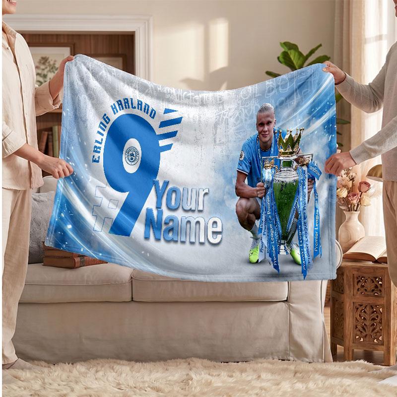 Erling Haaland Personalized Fleece Blanket With Football Logo, Custom Name Text Soft Warm Home Throw Blanket