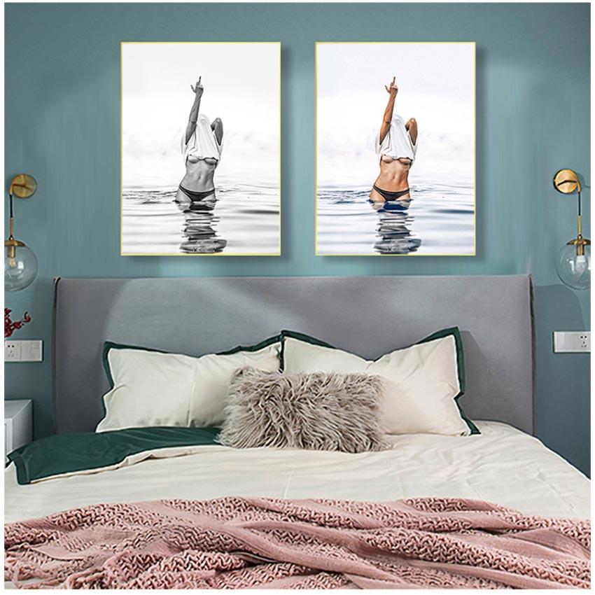 Wall Art Woman Pictures Living Room Decor Fashion Black White Poster Sexy Middle Finger Feminist Canvas Painting