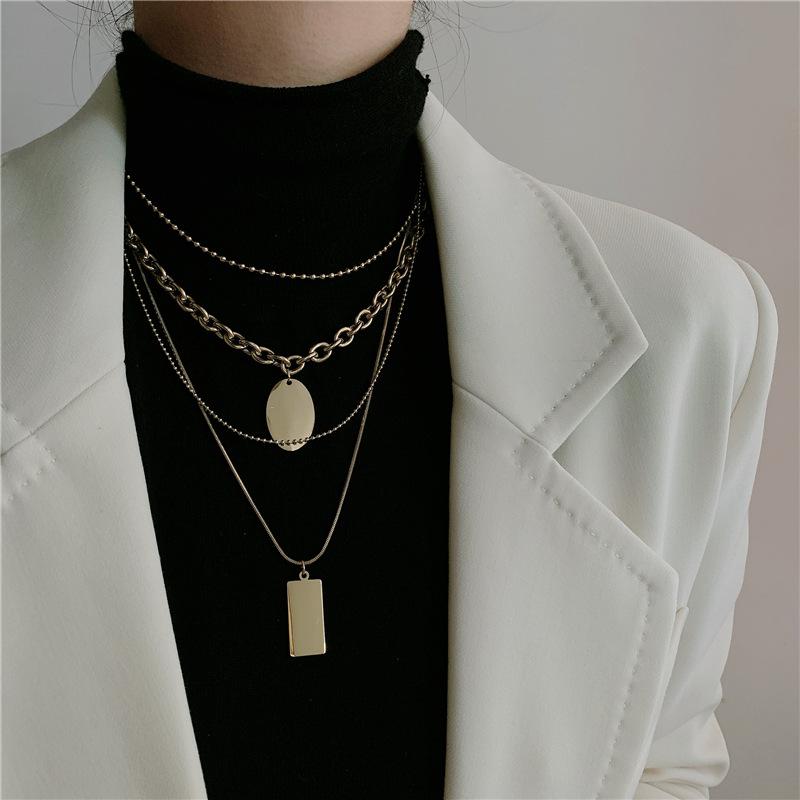 Fashion Multi-Layered Chain Necklace for Women Vintage Gold Color Stainless Steel Rectangle Pendant Necklace Party Jewelry