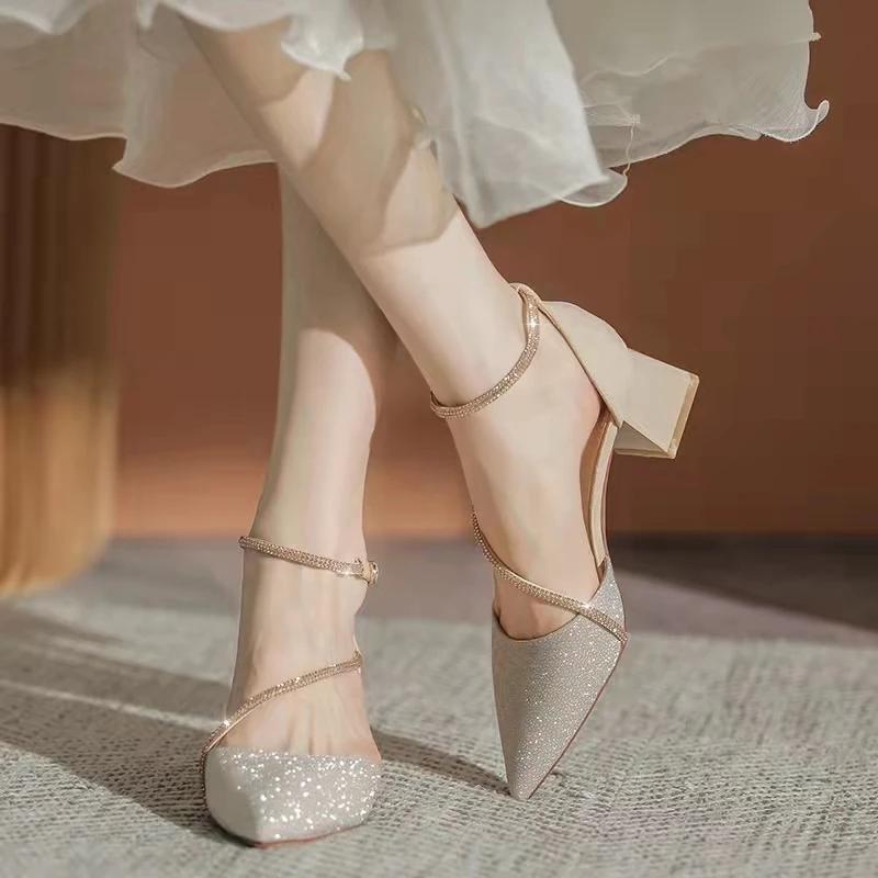 Women Shiny Crystal High Heels Pumps Shoes 2025 New Summer Ankle Straps Thick Heeled Sandal Woman Pointed Toe Party Dress Shoes