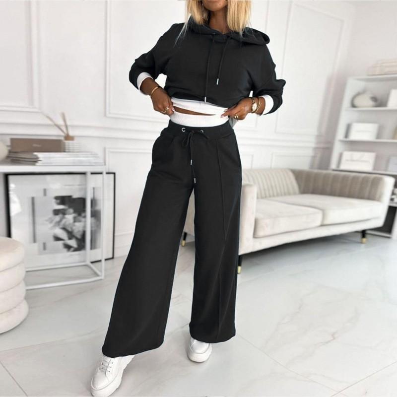 2026 Women's New Fall/Winter Solid Color Patchwork Hooded Sweatshirt Two-Piece Casual Sports Set