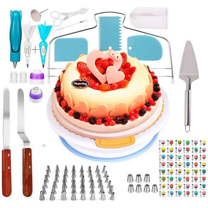 124-Piece Cake Decorating Kit With Rotating Turntable Piping Tips Bags Icing Scraper Tools Baking Enthusiasts
