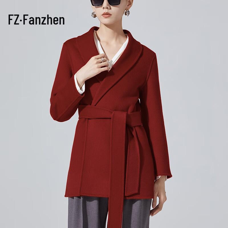 Fanzhen Women's 100% Wool Mid-Length Coat with Belt