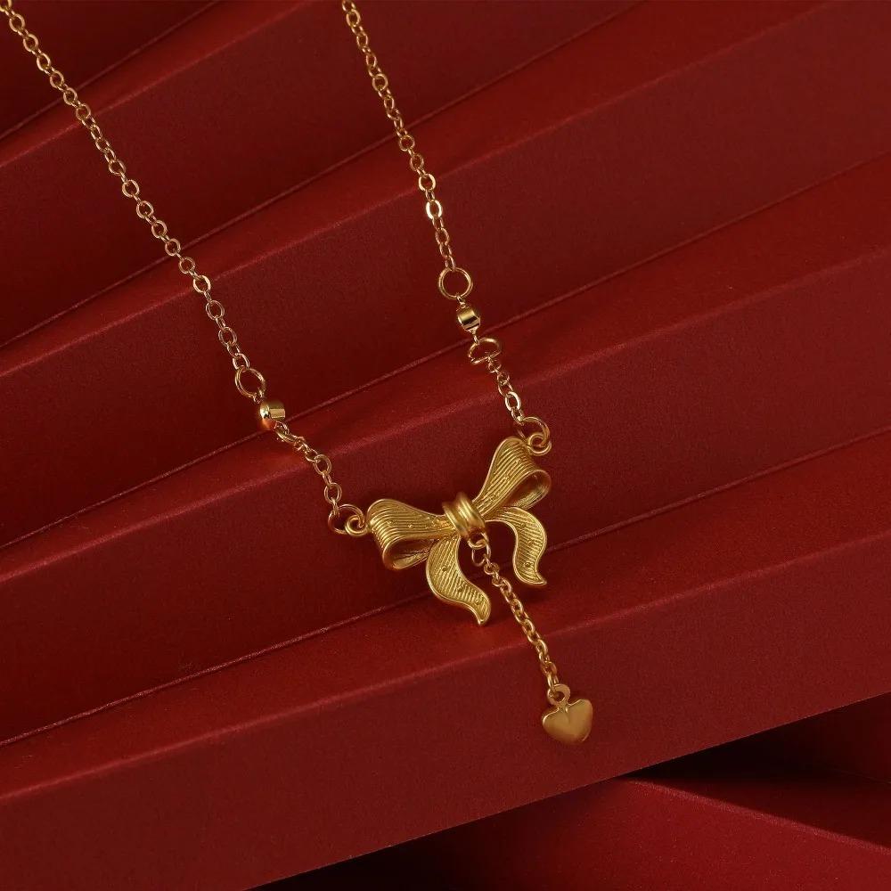 Fashion Sweet Gold Color Stainless Steel Bowknot Bracelet Necklace for Women Temperament Pearl Long Tassel Princess Jewelry Sets