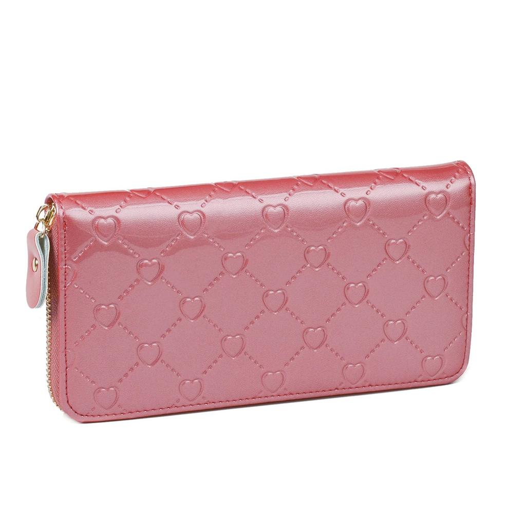 Fair Fairy Women's Genuine Cowhide Leather Enamel Embossed Round Zipper Long Wallet 140817 (Outlet Heart Dark Pink)