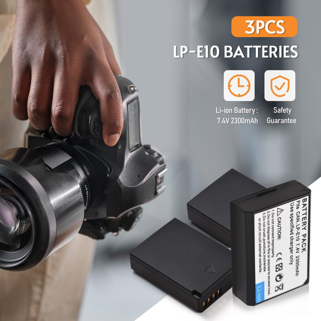 LP E10 Battery Charger 3 Slot Charger with LED Indicators Micro USB & Type C Port + 3pcs LP E10 Batteries 7.4V 2300mAh