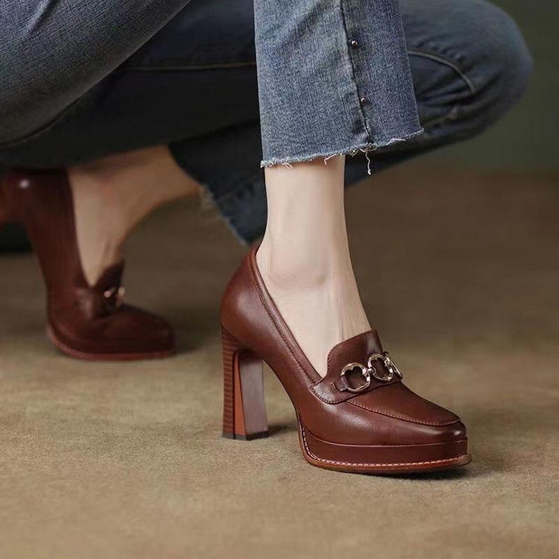 Fashion FHANCHU 2025 Rindsleder Schuhe,Damen Plateau High Heels,Viereckige Zehenpartie, Slipper,Retro-Stil,Braun,Schwarz,Größe 34-39,Dropship