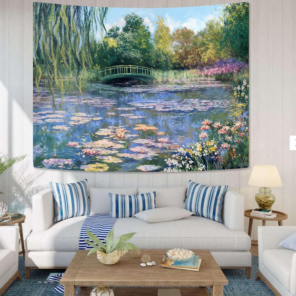 Monet Seerosen Wandteppich - Grüner Blumiger Pflanzen Kunst Poster Wandteppich für Schlafzimmer, Wohnzimmer, Studentenwohnheim Dekoration