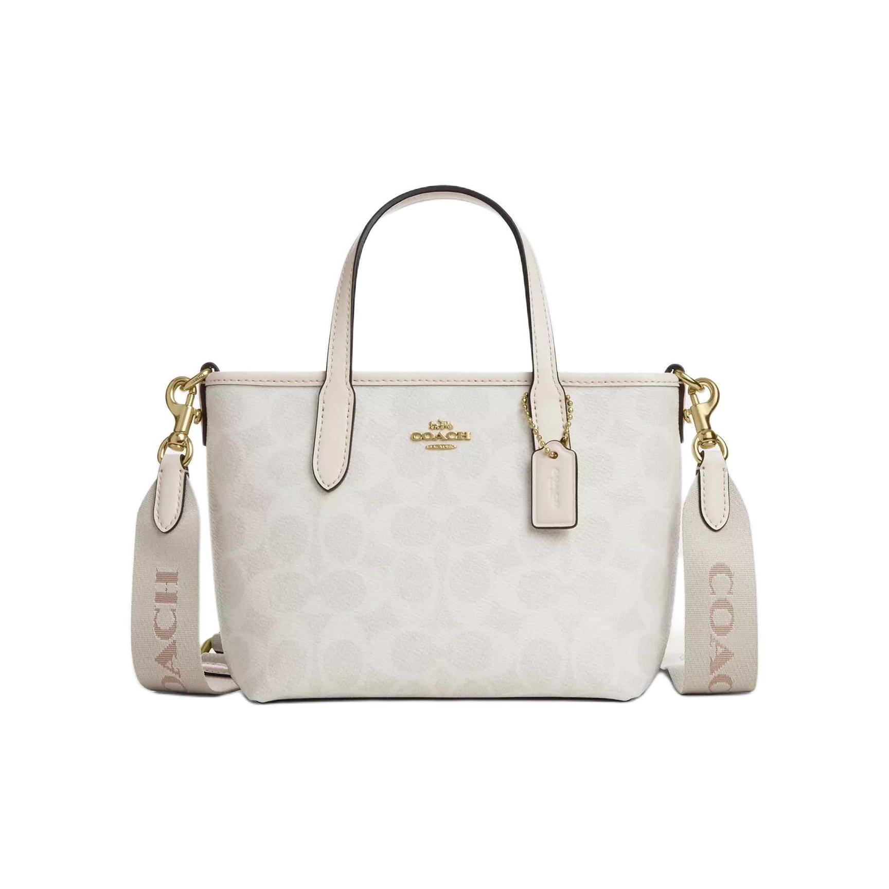 

Coach White Signature Canvas Mini Tote Crossbody Bag With Logo Strap & Gold Hardware For Daily Use Basic Set (Bag+Dust Bag)