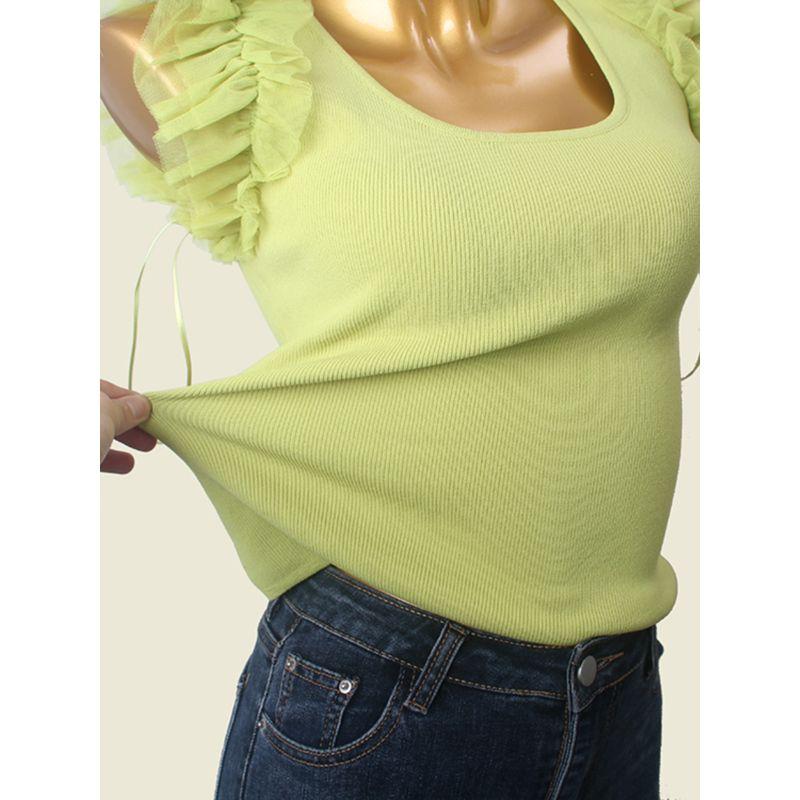 French Sweet Stylish Square Collar Short Sleeve Knitwear Organza Patchwork Sexy Fashion Texture Vest Tops