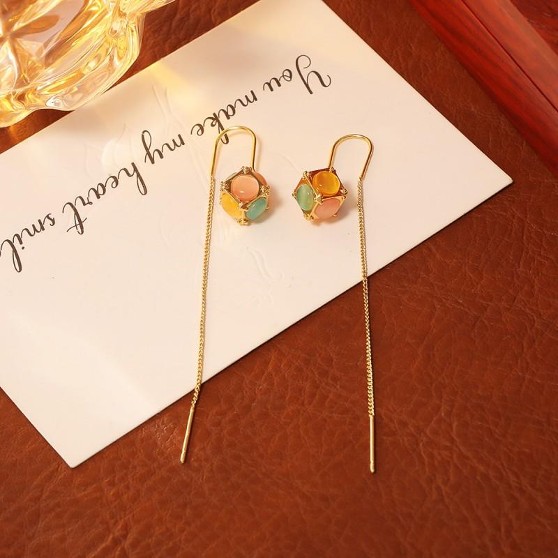 Cats Eye Stone Cube Pendant Necklace Earring Set Dopamine Chic Minimalist Geometric Jewelry Women