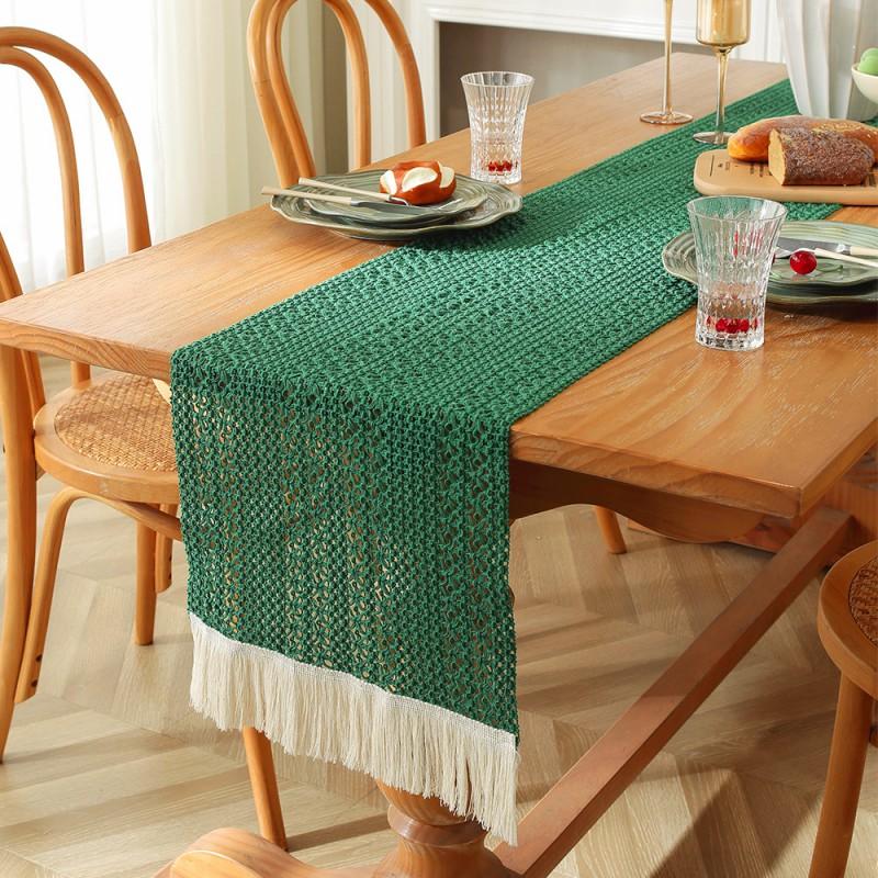 Cotton Linen Table Runner With Striped Patchwork Design Tassel Trim Modern Minimalist Long Cover Dining Room
