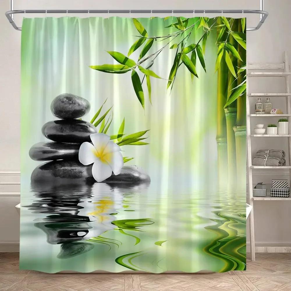 Zen Green Bamboo Shower Curtains Purple Orchid Butterfly Flowers Plants Black Stone Spa Nature Scenery Fabric Bathroom Decor Set