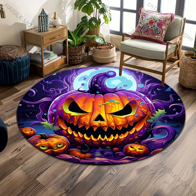 Pumpkin Head Bat Castle Halloween Round Carpet Floor Mat Suitable for Children's Bedroom Decor Living Room Round Rugs for Gifts