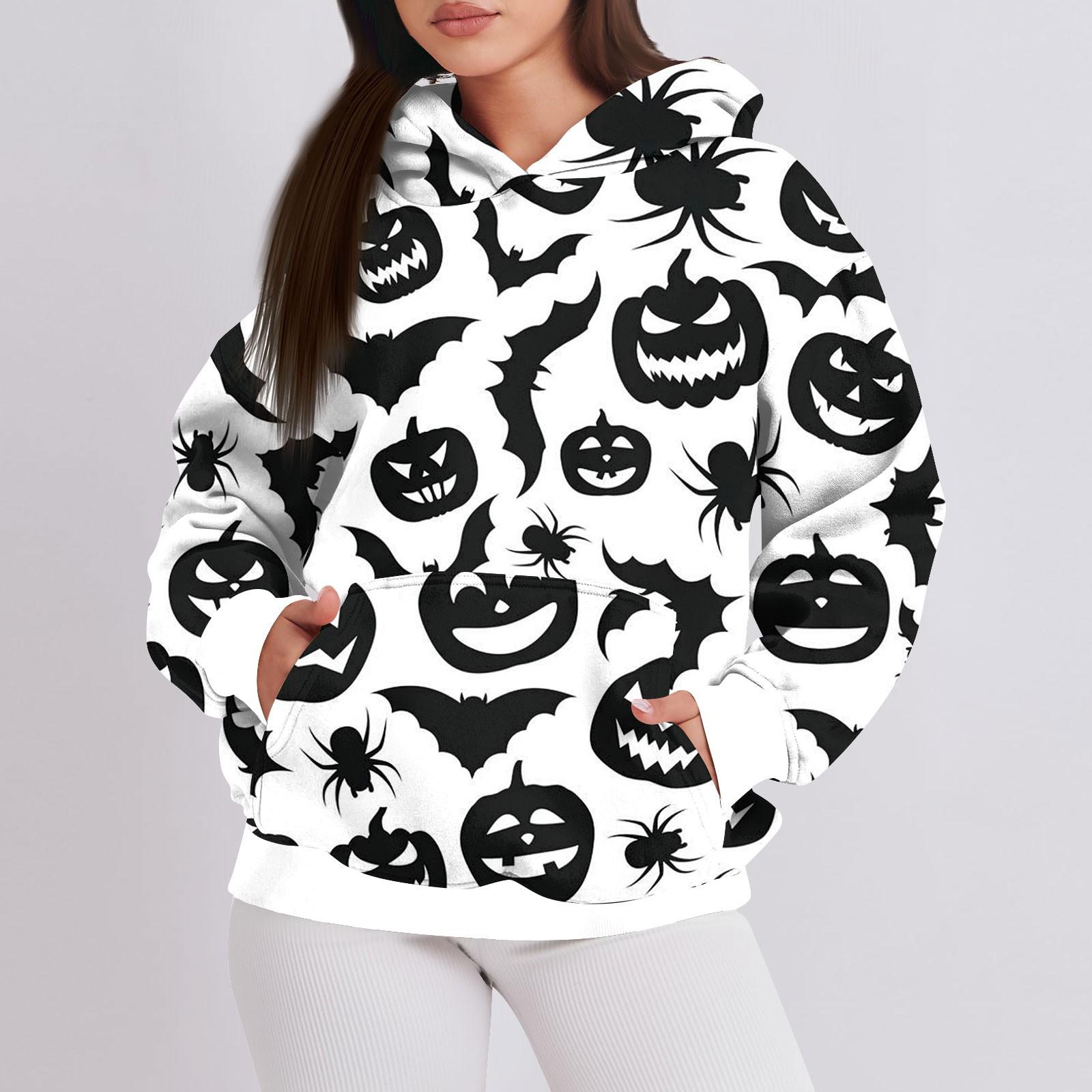 

Женская мода повседневный пуловер с капюшоном толстовка с длинным рукавом с принтом на Хэллоуин XL белый