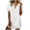 Women V Neck Short Sleeve Collared Shirt Mini Dress Linen Cotton Casual Beach Holiday Loose Fit Tunic Dress for Summer