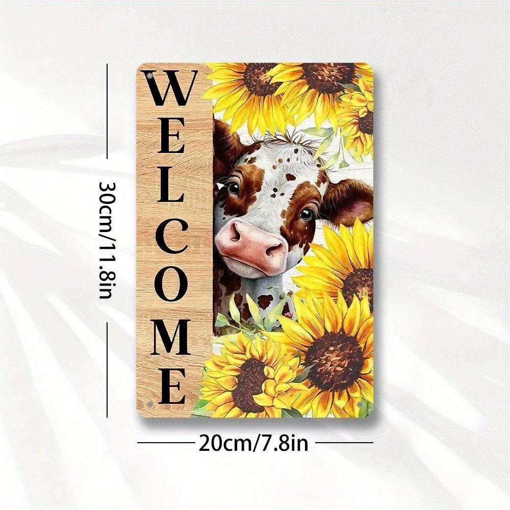Деревенская жестяная табличка Декор для фермерского дома Кухонное искусство Винтажная табличка Добро пожаловать Крупный рогатый скот Подсолнухи Металлическая настенная табличка