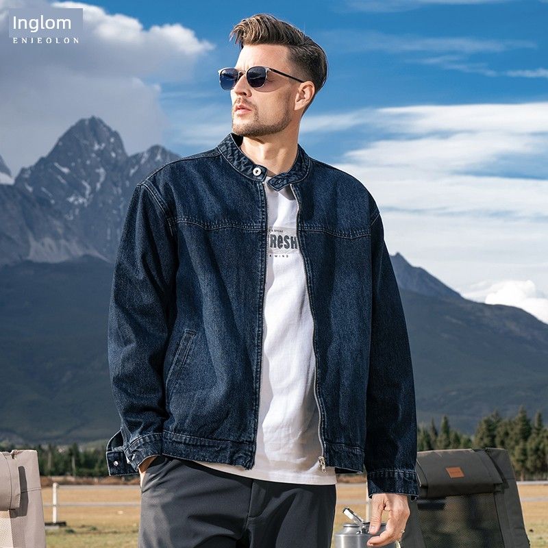 Yingjuelun Heavy-Duty Deconstructed Washed Vintage Denim Jacket for Men, Autumn and Winter Stand-Up Collar Jacket, American Retro Denim Clothing
