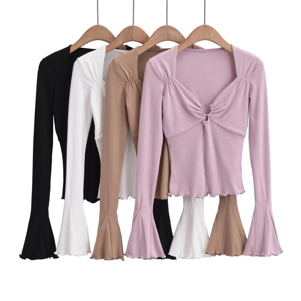 2023 Hot Girl Square Neck Metal Ring Hollow Long Sleeve Top - Sexy Clavicle Exposed Slim Fit Autumn Shirt with Flared Sleeves