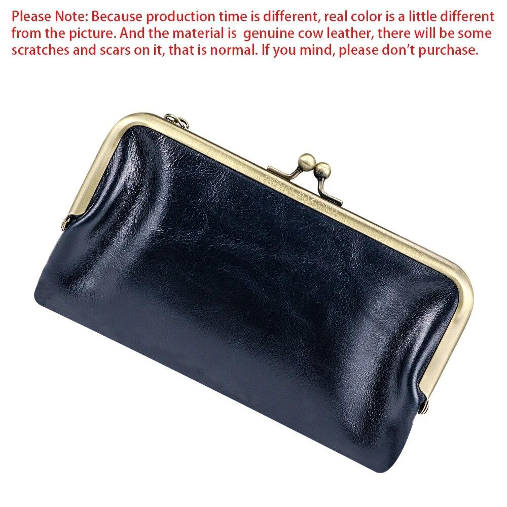 Royal Bagger Retro Long Wallet for Women Genuine Cow Leather Clutch Coin Purse Large Capacity Card Holder with Kiss Lock 1497