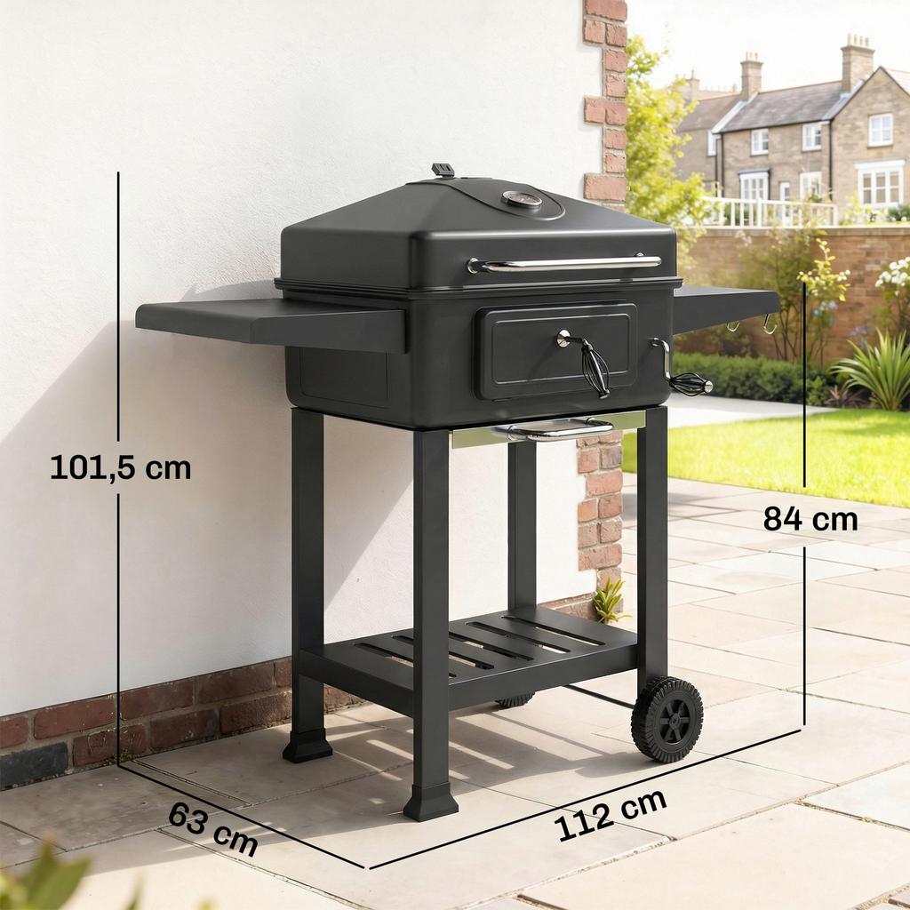 Holzkohlegrill BBQ Smoker mit Deckelthermometer Höhenverstellbare Kohleschale Grillrost Seitentisch Ascheschale