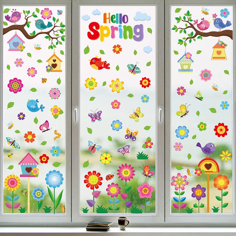 Cartoon Cute Spring Flowers Indoor Bedroom Living Room Background Wall Decoration PVC Electrostatic Stickers Window Glass Stickers