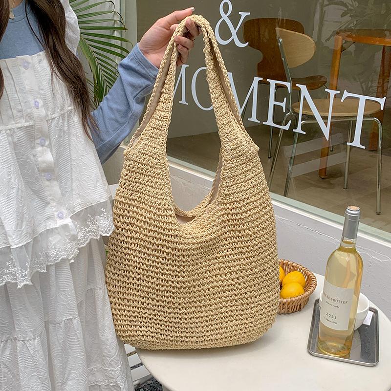 

French Style Large Capacity Woven Straw Woven Bag For Women New Beach Vacation Shoulder Bag Casual Commuting Tote Bag бежевий