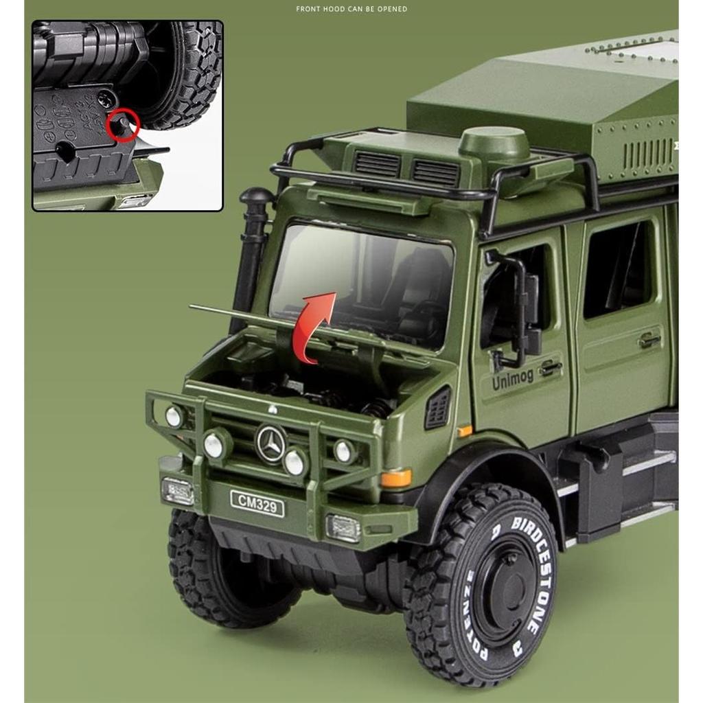 1/32 Scale Benz Unimog Alloy Model Car with Sound and Light, Pull Back Car Model for Kids Toys Party Gifts Collectible