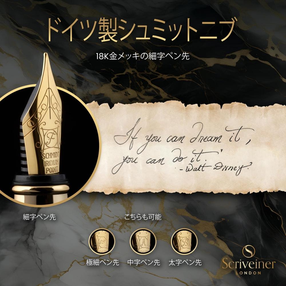 Scriveiner Finest Premium Fountain Pen (Black) Attractive Beauty 24K Gold Finish Schmidt 18K Gold Plated Nib (Fine) Suitable for Men and Women Profess