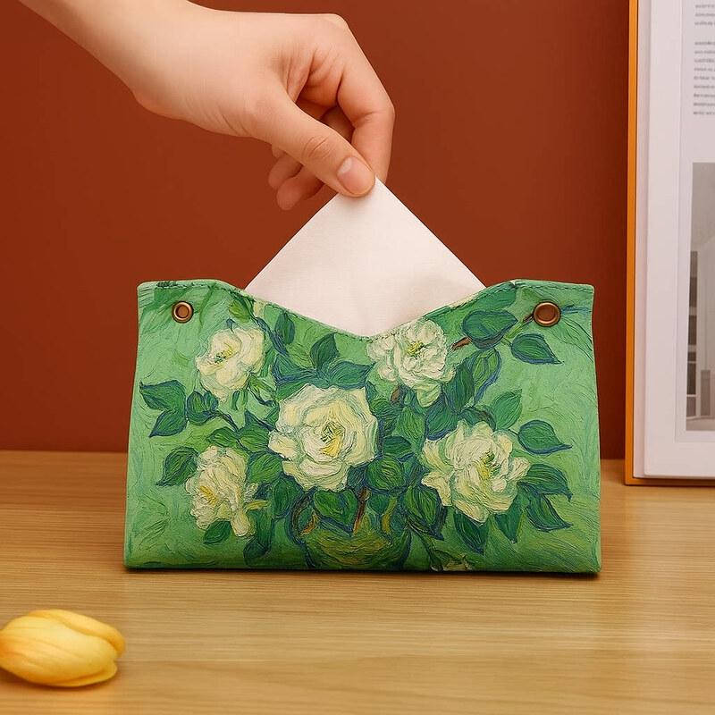 LIEI Luxury Rose Oil Painting Leather Tissue Box
