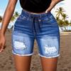 Damen elastische Kordelzug Knie-Länge Jeans-Shorts Slim Fit Used Ripped ausgefranster Saum Mittlere Dehnung Jean Shorts