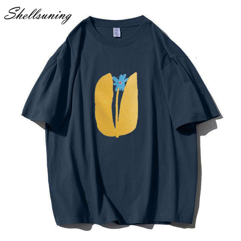 Shellsuning Summer Aesthetic Floral T Shirts Women Loose Short Sleeve Cotton Printed Tees Female Casual O Neck Vintage Base Tops