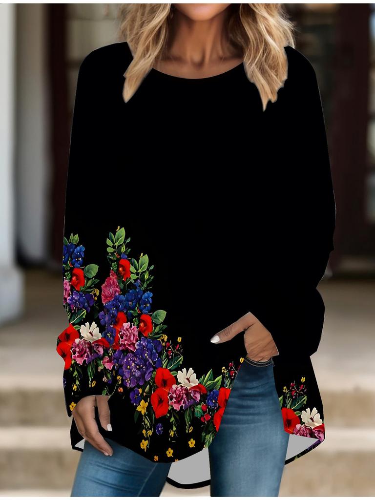 Plus Size Women Spring Flower Printed Comfy Long Sleeve Round Collar T-shirt Casual Baggy Mid Length Tee Tops