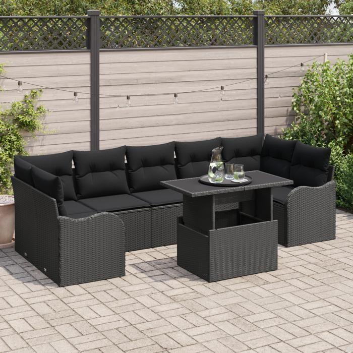 8-piece Garden Sofa Set with Black Rattan Cushions, 2-seater Garden Sofa with Black Rattan Cushions 3348419